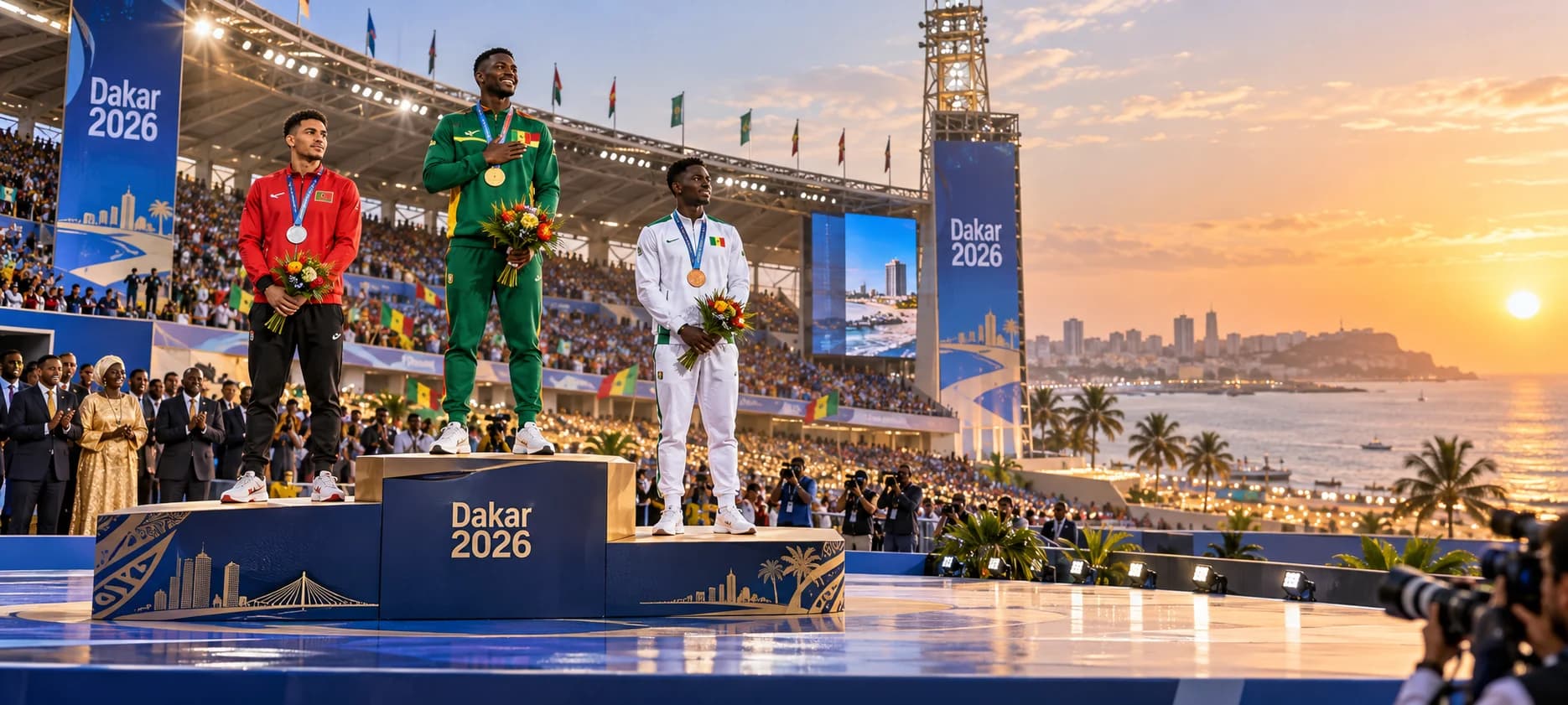 Cérémonie des médailles Dakar 2026 au coucher du soleil